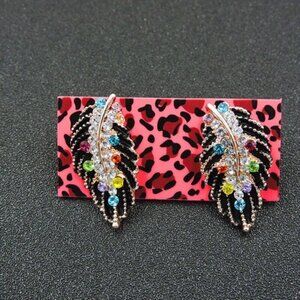 Betsey Johnson Colorful Rhinestone Feather Stud Earrings